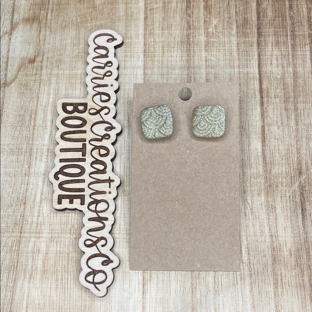 Handmade Glittery Square Stud Earrings in Light Gold
